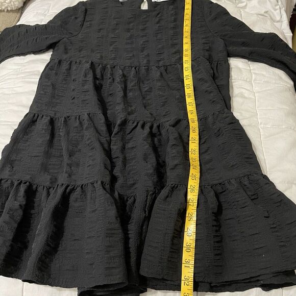 ZARA Women’s Black Seersucker 3/4-Sleeved Tiered Mini Dress Medium Peasant Boho - Picture 5 of 7